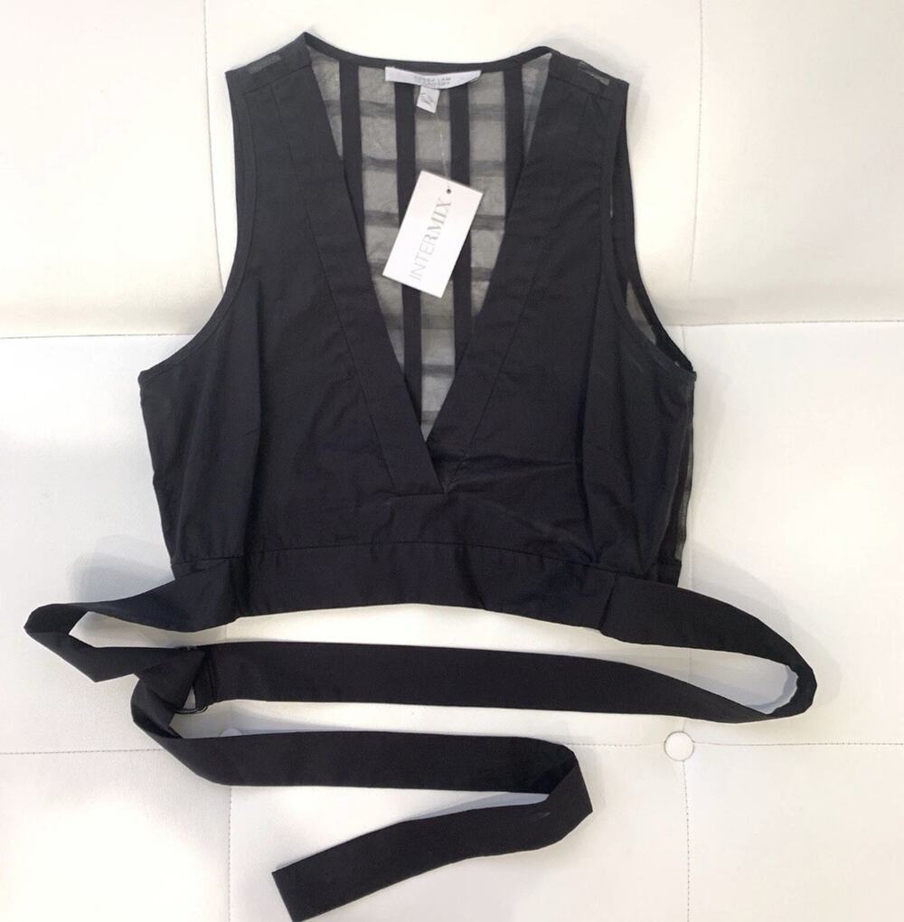 DEREK LAM Black Sheer Back Crop Top Sz 8 S/M Silk Cotton Belted City Fancy NEW